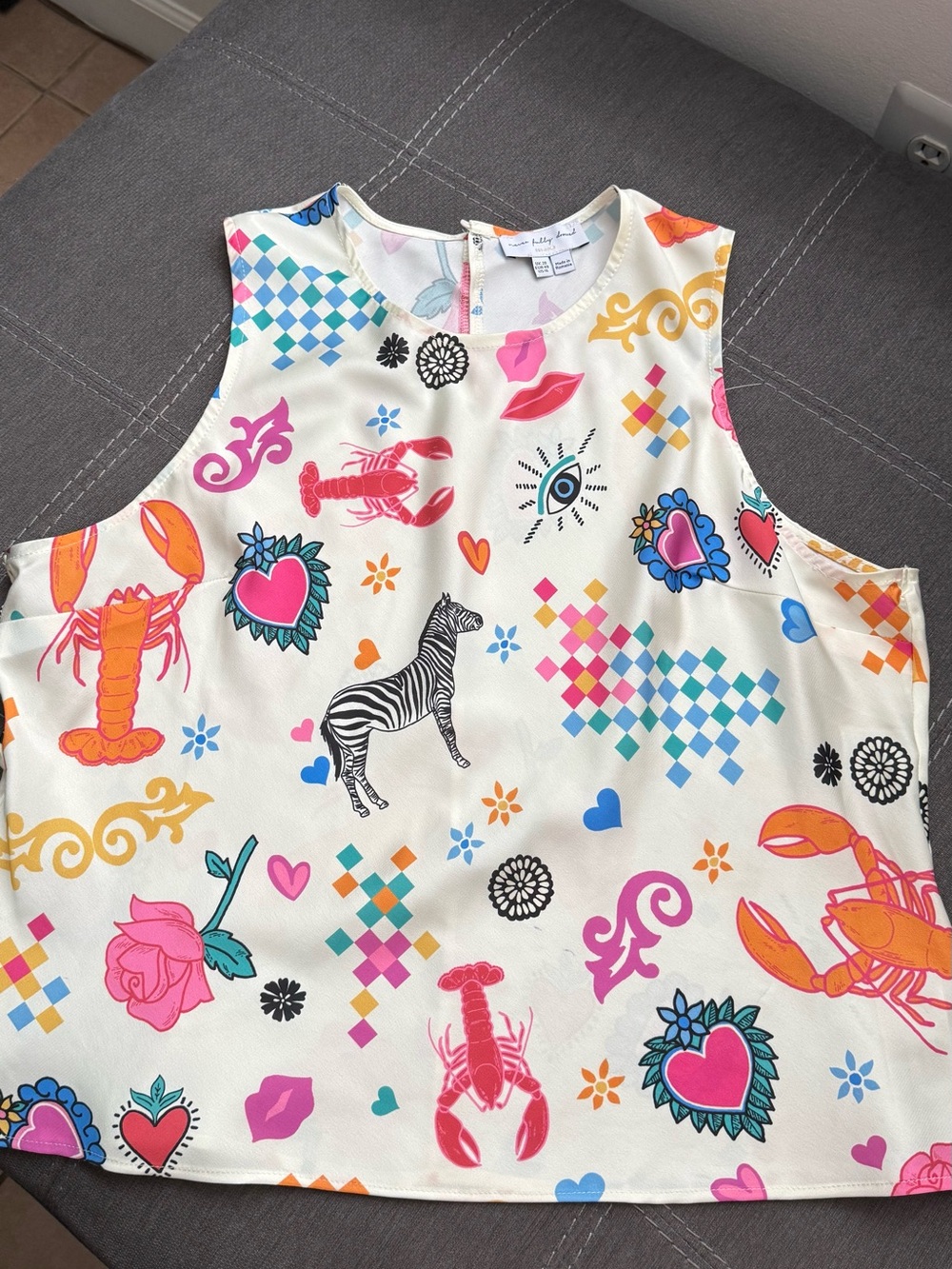 Never Fully Dressed Cream Tank Top with Multicolor Lobster, Zebra & Heart Print